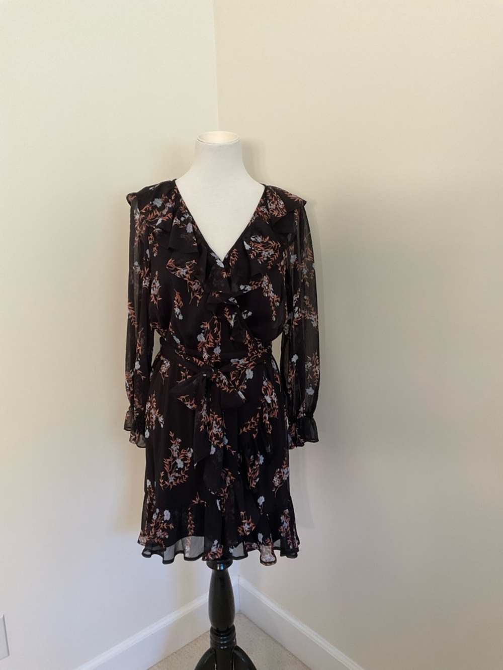LC Lauren Conrad Black Floral Ruffle Long-Sleeve Dress